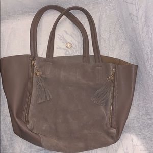 Leather and suede 4 zip expandable shoulder bag